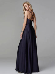 A-Line Prom Dresses Beautiful Back Dress Evening Party Floor Length Sleeveless Spaghetti Strap Satin Crisscross Back with Beading Side Draping