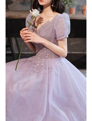 A-Line Prom Dresses Sparkle & Shine Dress Prom Valentine's Day Floor Length Short Sleeve V Neck Tulle with Sequin