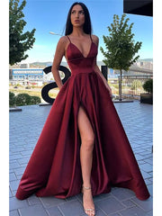 A Line Satin V Neck Sexy Long Prom Formal Dress