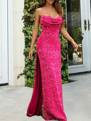 Fuchsia Backless  Spaghetti Strap Sequin Prom Dress
