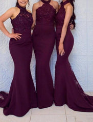Mermaid / Trumpet Bridesmaid Dress Halter Neck Sleeveless Elegant Court Train Chiffon / Lace with Sequin / Solid Color - RongMoon