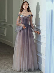 A-Line Minimalist Elegant Party Wear Prom Dress Off Shoulder Long Sleeve Floor Length Tulle with Appliques