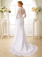Engagement Open Back Formal Wedding Dresses Court Train Mermaid / Trumpet Long Sleeve Illusion Neck Chiffon With Sash / Ribbon Appliques