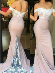 Mermaid / Trumpet Bridesmaid Dress Off Shoulder Short Sleeve Beautiful Back Court Train Lace / Stretch Chiffon with Lace / Solid Color - RongMoon