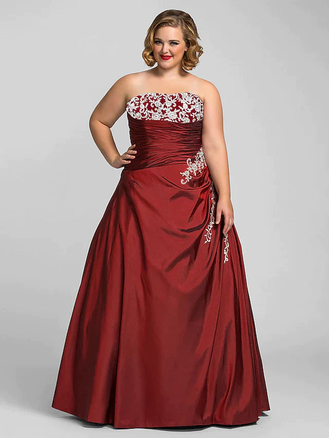 Ball Gown Plus Size Prom Formal Evening Dress Strapless Sleeveless Floor Length Taffeta with Beading Appliques