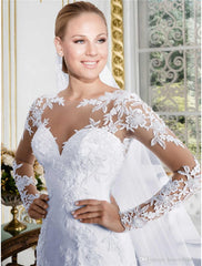 Engagement Formal Wedding Dresses Mermaid / Trumpet Illusion Neck Long Sleeve Court Train Lace Bridal Gowns With