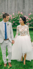 Pretty Bateau Long Sleeves Wedding Dresses,Two-Piece Lace Tulle High-Low Wedding Dressed.DB10071