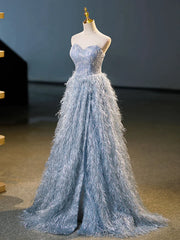 Feather Floor Length Blue A-Line Strapless Prom Dress