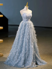 Feather Floor Length Blue A-Line Strapless Prom Dress