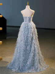 Feather Floor Length Blue A-Line Strapless Prom Dress