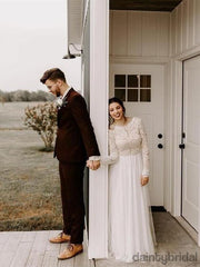 Modest A-line  Lace Tulle Long Sleeves Backless Floor-Length  Wedding Dresses.DB010062
