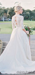 Elegant V-Neck 3/4 Sleeves A-Line Wedding Dresses With Train.DB10069
