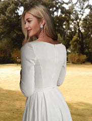 Hall Casual Wedding Dresses A-Line Scoop Neck 3/4 Length Sleeve Sweep / Brush Train Stretch Fabric Bridal Gowns With Pleats Solid Color