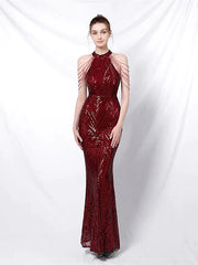 Mermaid / Trumpet Prom Dresses Elegant Dress Formal Floor Length Sleeveless Halter Sequined with Sequin