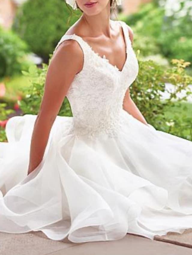 Little White Dresses Wedding Dresses Knee Length A-Line Sleeveless V Neck Lace With Appliques Cascading Ruffles - RongMoon