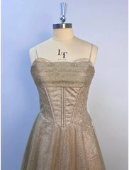 A-Line Prom Dresses Corsets Dress Wedding Party Sweep / Brush Train Sleeveless Spaghetti Strap Tulle with Glitter Pleats