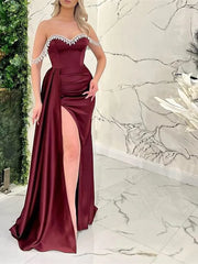 Slit Beading Burgundy Satin Prom Dress