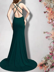 Sheath / Column Bridesmaid Dress V Neck / Spaghetti Strap Sleeveless Sexy Sweep / Brush Train Stretch Chiffon with Split Front / Bandage - RongMoon