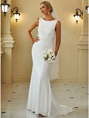 Reception Casual Wedding Dresses Mermaid / Trumpet Scoop Neck Sleeveless Sweep / Brush Train Stretch Fabric Bridal Gowns With Beading Solid Color