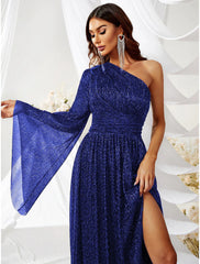 A-Line Wedding Guest Dresses Sparkle & Shine Dress Formal Evening Party Sweep / Brush Train Long Sleeve One Shoulder Polyester with Glitter Slit