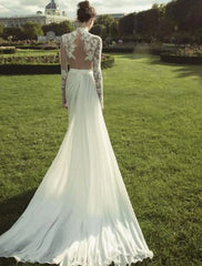 Beach Wedding Dresses Court Train A-Line Long Sleeve High Neck Chiffon With