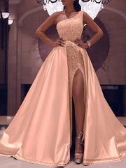 One Shoulder Sequin Detachable Train Prom Dress