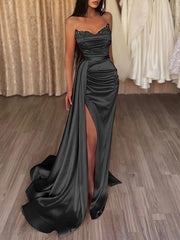 Gold Satin Beading Sweetheart Mermaid Prom Dress With Split