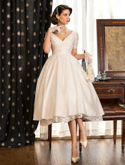Bridal Shower Vintage 1940s / 1950s Little White Dresses Wedding Dresses Tea Length A-Line Short Sleeve V Neck Satin With Lace Criss Cross