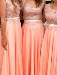 A-Line Bridesmaid Dress Jewel Neck Sleeveless Elegant Floor Length Chiffon / Lace with Lace / Pleats / Solid Color - RongMoon