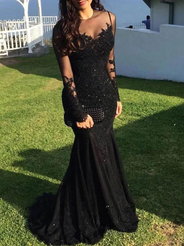 Long Sleeve Scoop See Through Mermaid Prom Dress