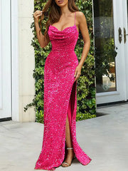 Fuchsia Backless  Spaghetti Strap Sequin Prom Dress