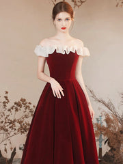 Off the Shoulder Burgundy Velvet Long Prom Dress