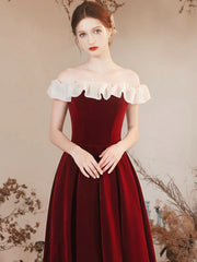 Off the Shoulder Burgundy Velvet Long Prom Dress