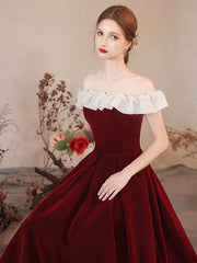 Off the Shoulder Burgundy Velvet Long Prom Dress