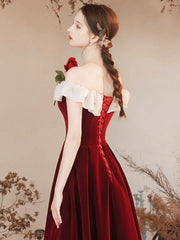Off the Shoulder Burgundy Velvet Long Prom Dress