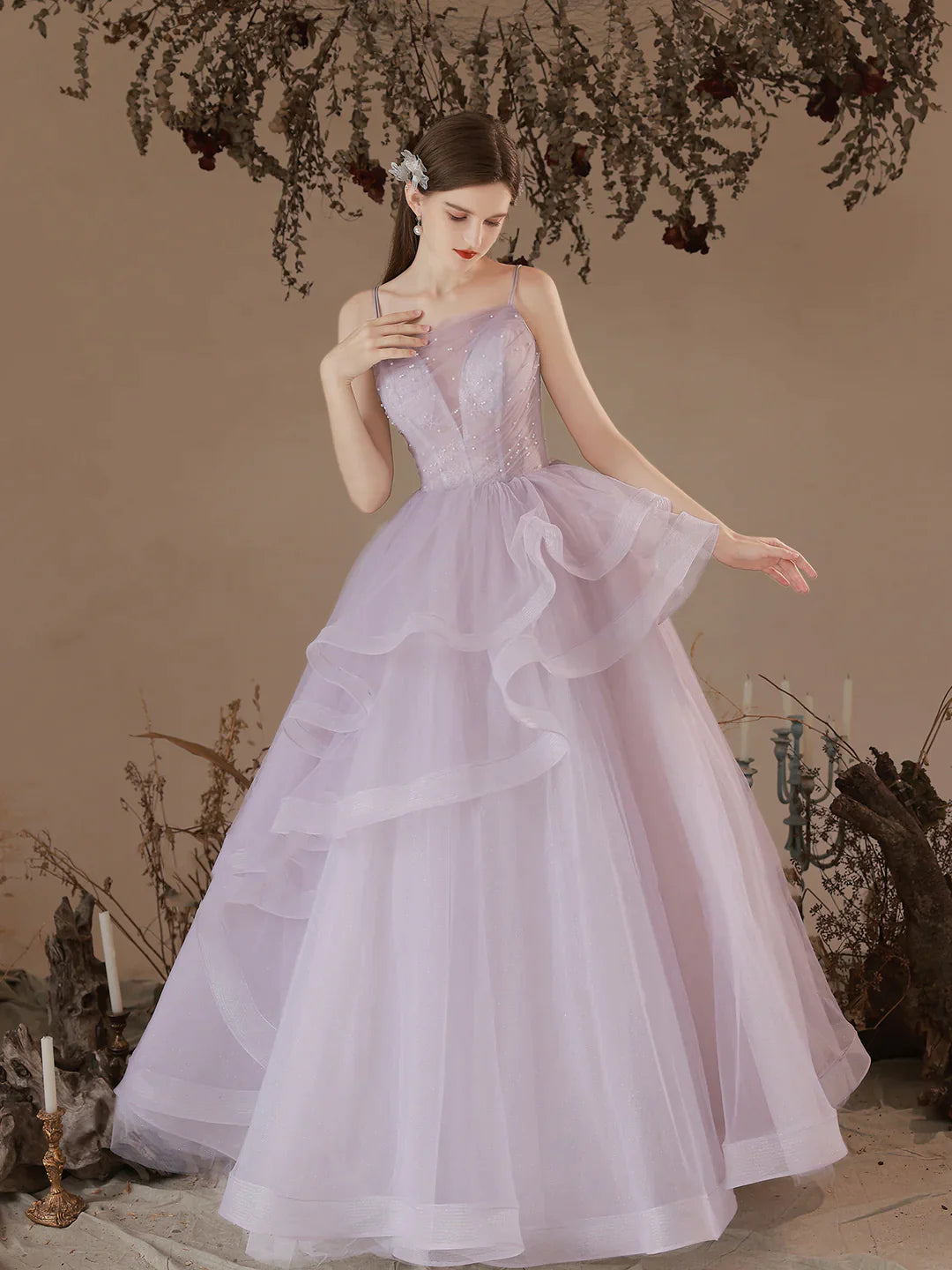 Purple Tulle Long A-Line Beading Straps Prom Dress