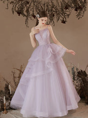 Purple Tulle Long A-Line Beading Straps Prom Dress