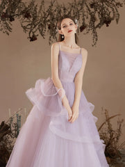 Purple Tulle Long A-Line Beading Straps Prom Dress
