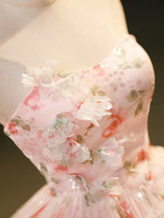 Sweet Strapless Tulle Flower Pink Print Prom Dress