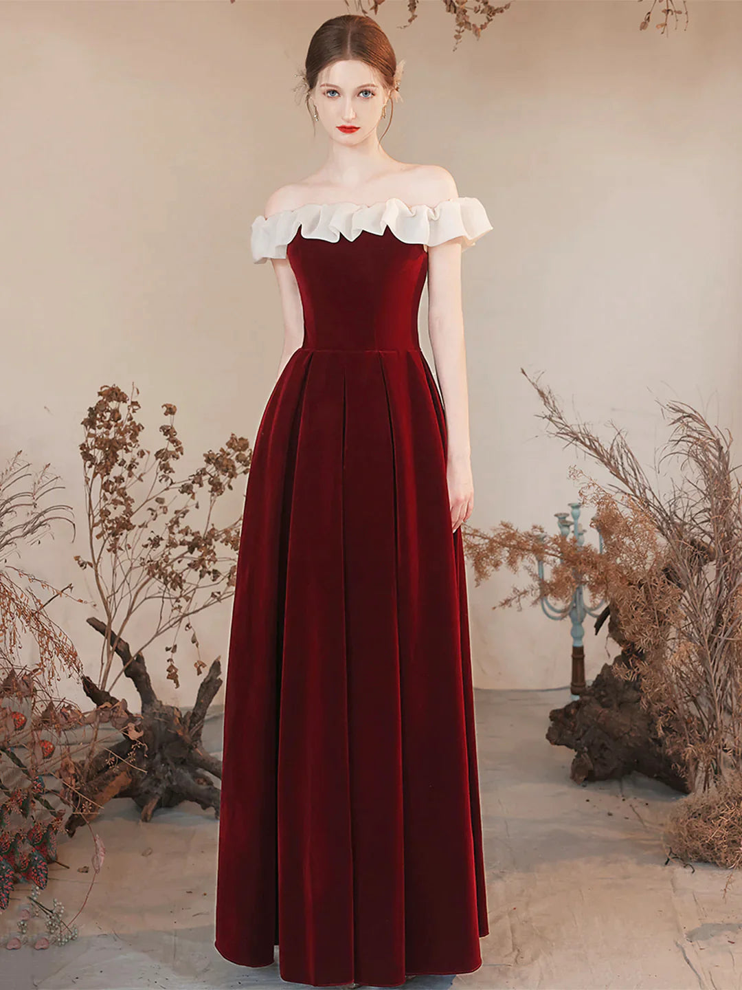 Off the Shoulder Burgundy Velvet Long Prom Dress