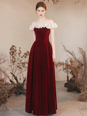Off the Shoulder Burgundy Velvet Long Prom Dress