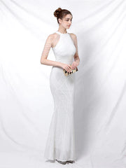 Mermaid / Trumpet Prom Dresses Elegant Dress Formal Floor Length Sleeveless Halter Sequined with Sequin