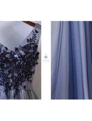 A-Line Bridesmaid Dress V Neck Sleeveless Elegant Floor Length Tulle with Beading / Appliques - RongMoon