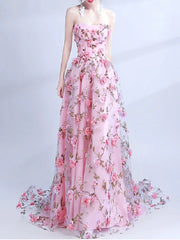 Pink Floral Strapless A Line Lace Up Prom Dress