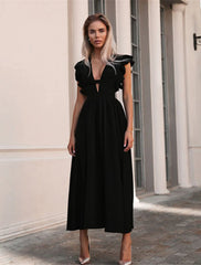 A-Line Princess Cute Wedding Guest Prom Dress V Neck Sleeveless Tea Length Stretch Fabric with Ruffles Pure Color