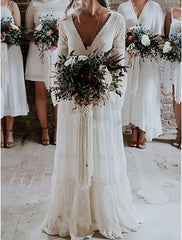 Long Sleeve Lace V Neck Backless Wedding Dress