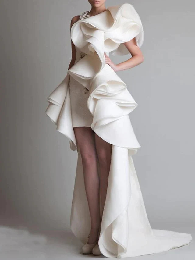 Bachelorette Party Formal Little White Dresses Wedding Dresses Asymmetrical Sheath / Column Short Sleeve One Shoulder Organza With Ruched Cascading Ruffles - RongMoon