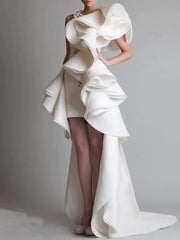 Bachelorette Party Formal Little White Dresses Wedding Dresses Asymmetrical Sheath / Column Short Sleeve One Shoulder Organza With Ruched Cascading Ruffles - RongMoon