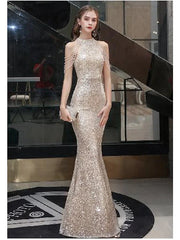 Mermaid / Trumpet Sparkle Prom Dress Bodycon Engagement Formal Evening Dress Halter Neck Sleeveless Floor Length Sequined with Beads Tassel