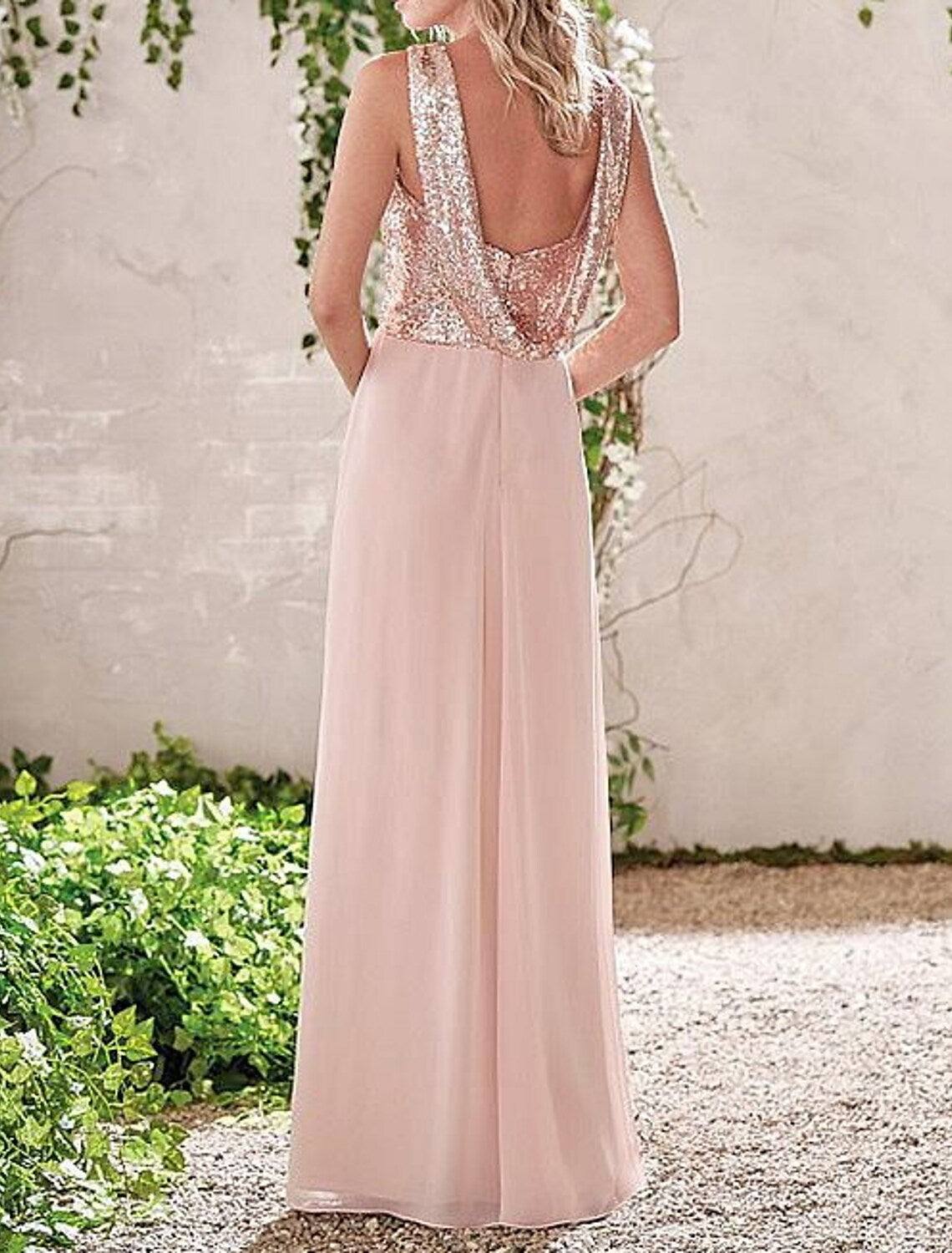 Sheath / Column Bridesmaid Dress Cowl Neck Sleeveless Elegant Floor Length Chiffon / Sequined with Sequin / Ruching - RongMoon
